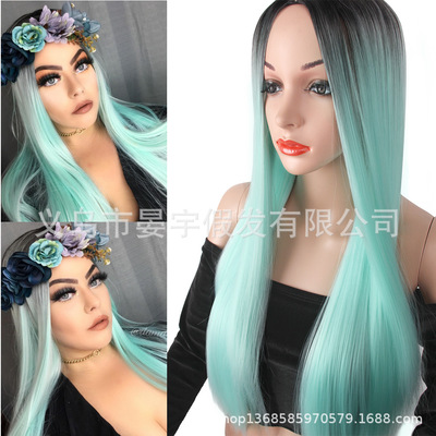 欧美长直发假发 绿色渐变长直发 中分时尚假发 cosplay角色扮演