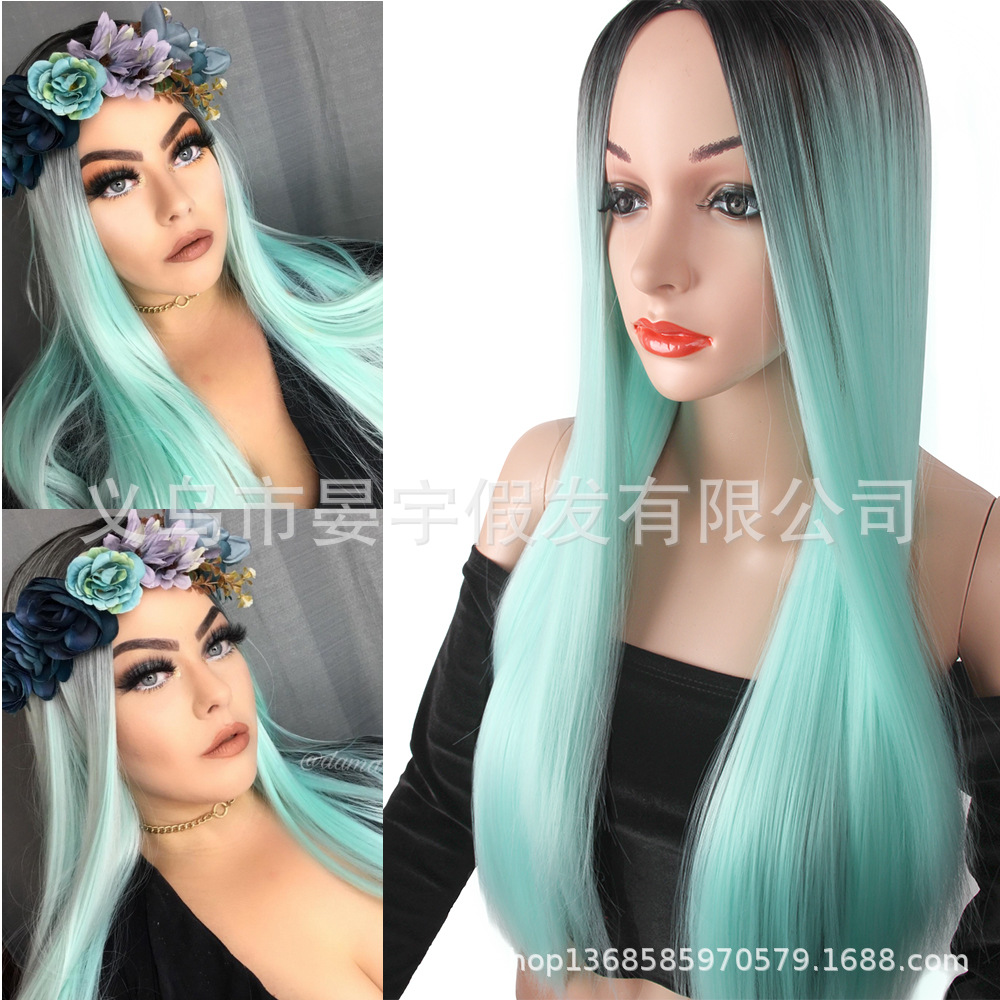 欧美长直发假发 绿色渐变长直发 中分时尚假发 cosplay角色扮演