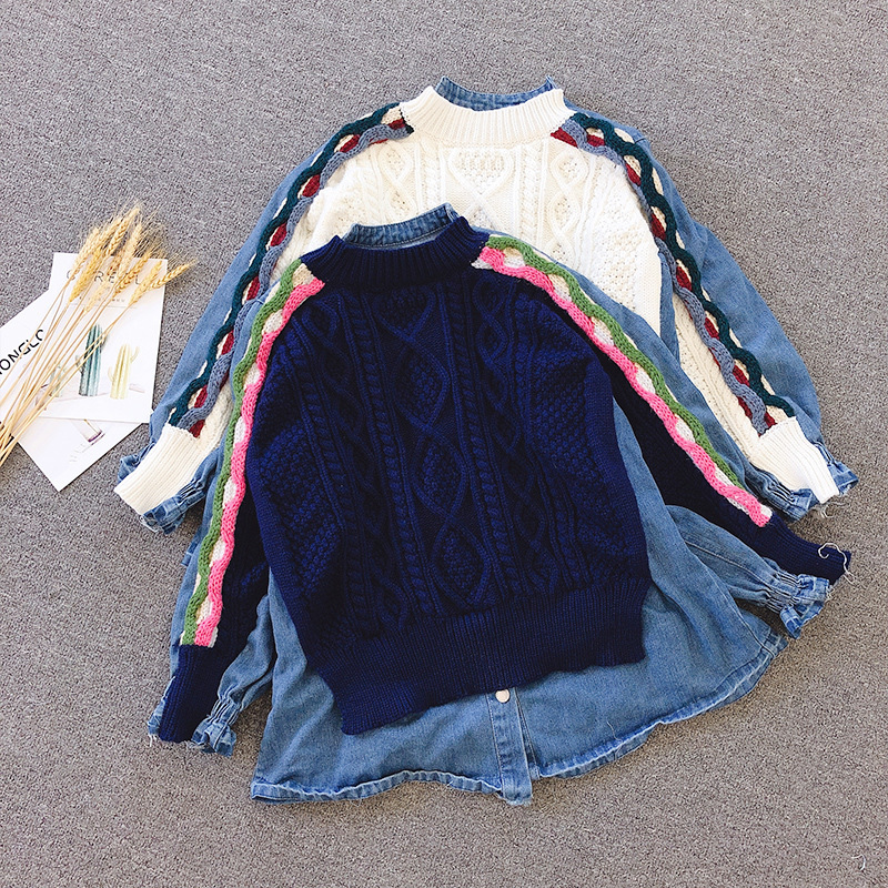 Korean New Style Color-Blocking Spiral Pattern Knit Round-Neck Patchwork Denim Fashion Versatile Top Knit Sweater for Women