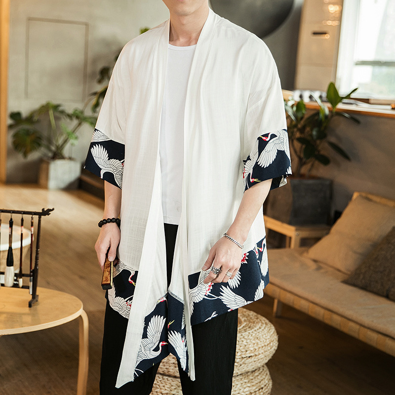 Summer Large Size Chinese Style Seven-point Sleeve Loose Cardigan Men's Thin Retro Japanese-style Kimono Cardigan Robe Sunscreen Clothes