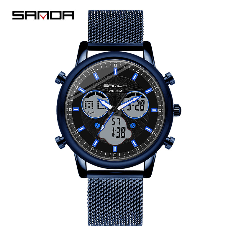 SANDA P803 impermeable multifuncional reloj deportivo al aire libre reloj electrónico de cuarzo de doble movimiento para hombres
