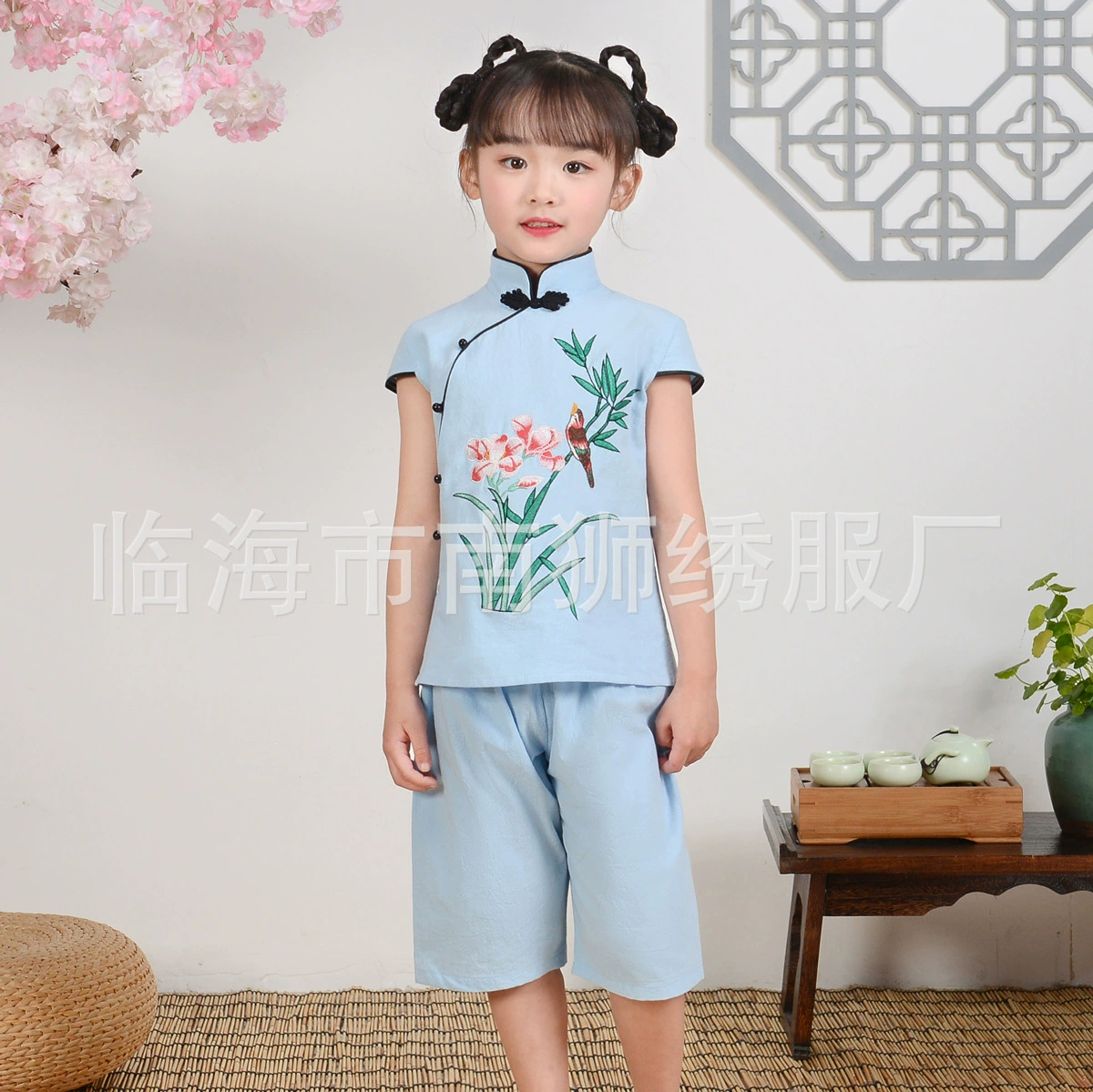 Ethnic Hanfu, set, autumn cheongsam for kindergarten, Chinese style, children's clothing, cotton and linen