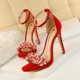 3395-1 Euro-American Sexy Banquet Women's Shoes with Fine heel and Super High heel Waterproof Table Suede Pearl Water Drill Word Belt Sandals