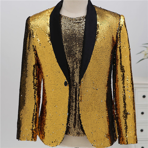 Gold sequin jazz dance stage performance lapel collar blazers for men host singer choir stage performance dress suit modern dance glitter coats for man