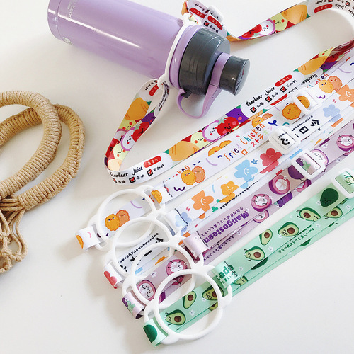 Mineral water beverage bottle strap rope portable strap Japanese and Korean Sesame Street water cup water bottle buckle strap thermal transfer lanyard
