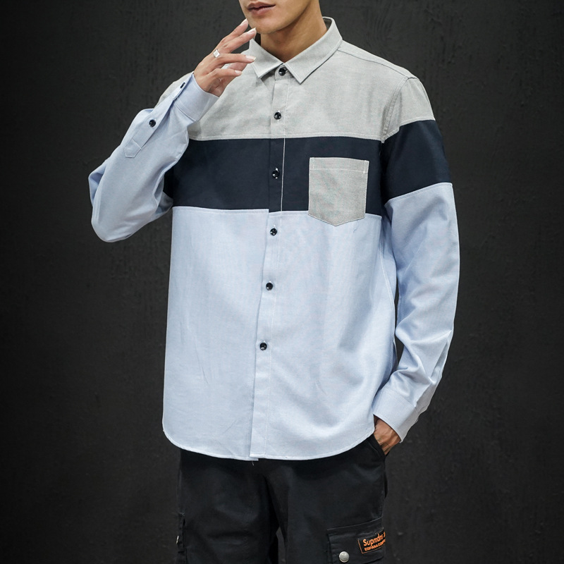 Foreign Trade Spring New Men's Shirt Stitching Casual Long-sleeved Men's Slim-fit Pointed Collar Large Size Shirt