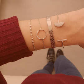 欧美爆款饰品 创意全钻半圆一字花纹开口宽手镯手链套装跨境首饰