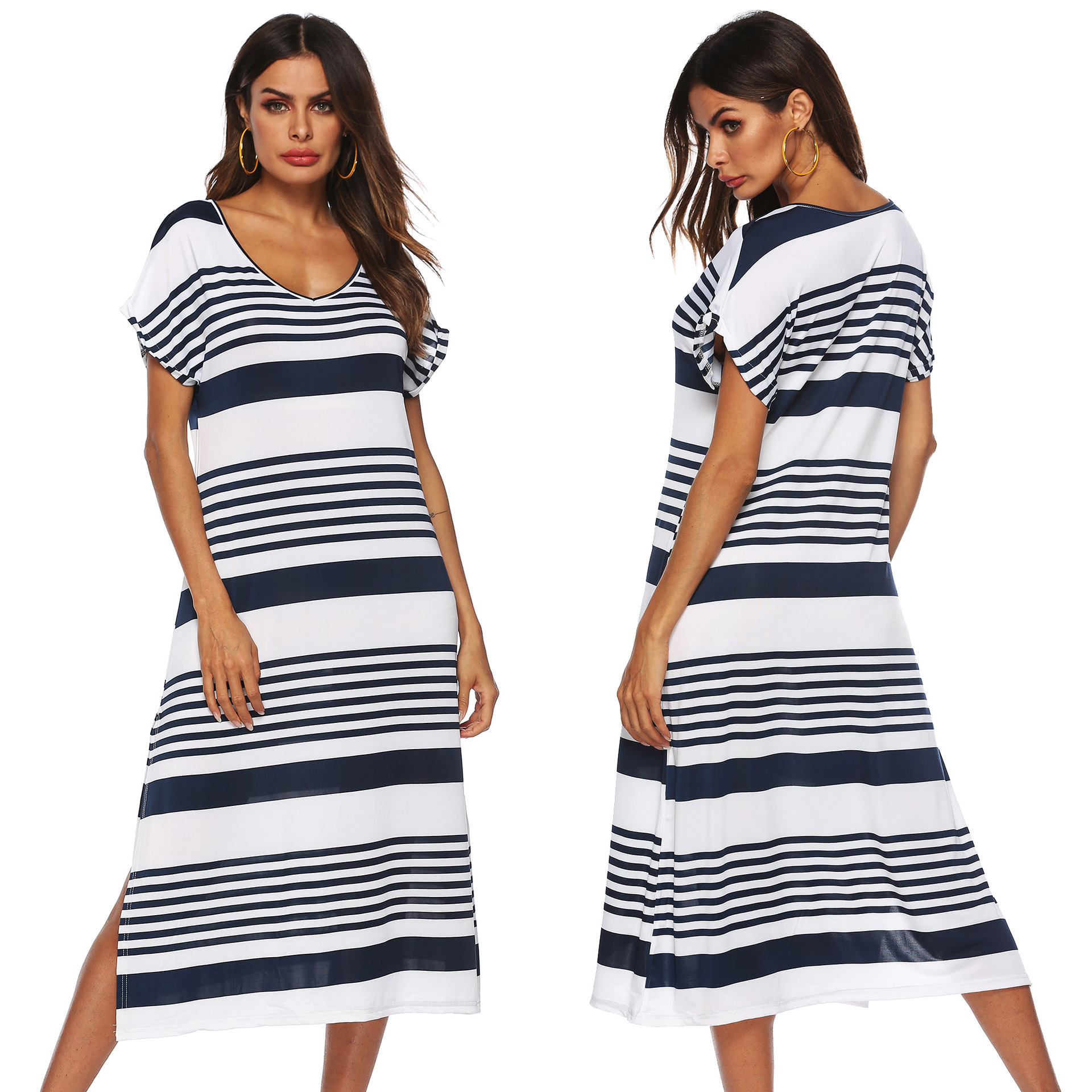 V Neck Striped Maxi Dress Loose Fit Side Slit Beachwear Perfect for Summer Outings Wholesale Available