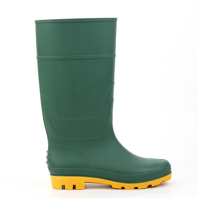 802绿色黄底 PVC劳保鞋工业防护鞋直筒防水防滑耐磨雨鞋防汛雨鞋