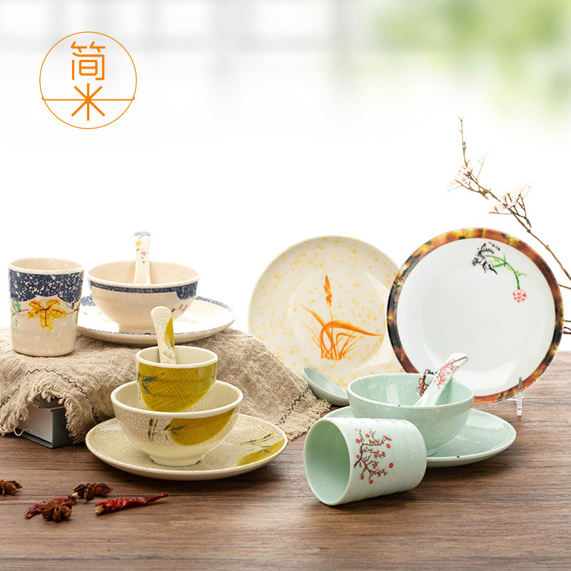 Jane rice four-piece set of hot pot table hotel special cup snack plate melamine imitation porcelain plastic dishes tableware set