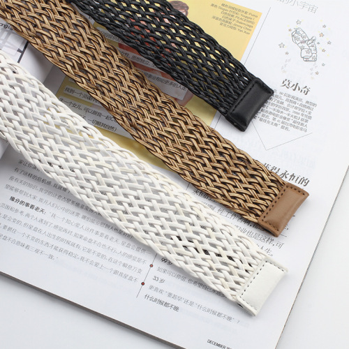 New Korean style cotton and linen woven belt for women round wooden buckle dress gown decorative belt