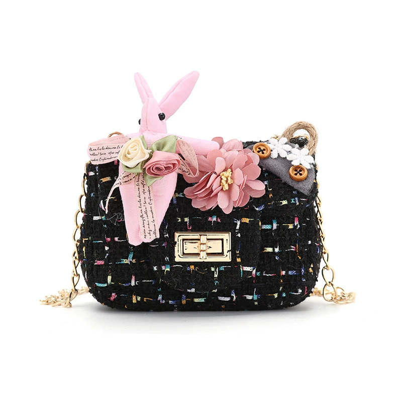Children's One-Shoulder Bag, Small Tweed Floral Purse with Chain Strap, Cute Patterns