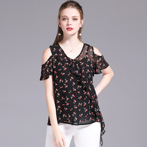 Summer new Chiffon print V-neck lotus leaf edge jacket air Chiffon 