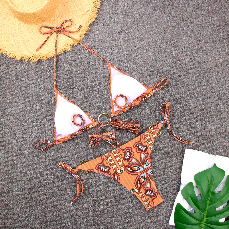 print or solid color rings hanging neck lace-up bikini two-piece set NSMK112985