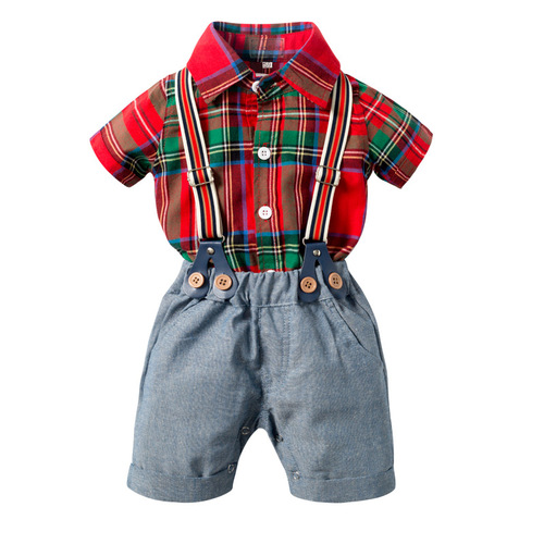 Cross-border European and American summer baby boy gentleman's suit overalls shorts short-sleeved plaid jumpsuit tie four-piece set