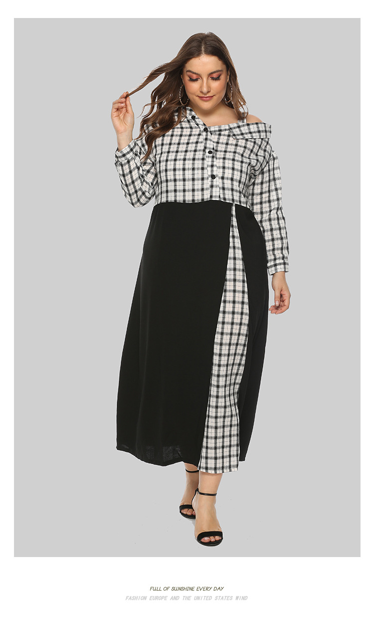 plaid stitching long-sleeved plus size dress  NSJR22611