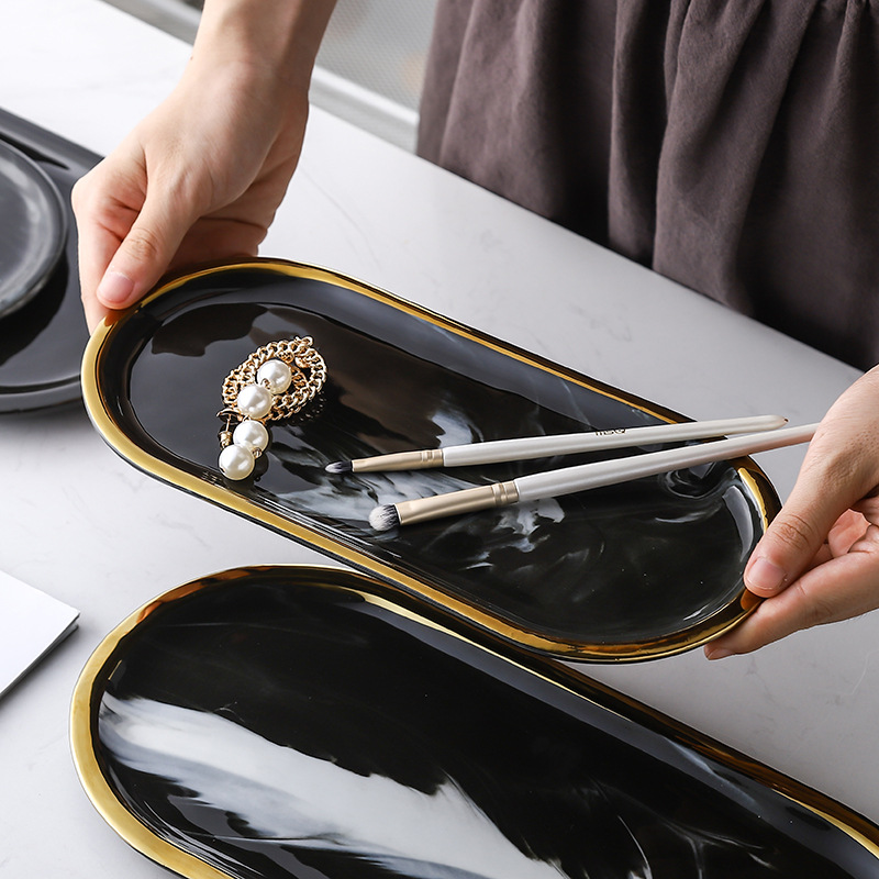 Nórdico simple luz de lujo bandeja de cerámica tinta mármol joyería bandeja almacenamiento bandeja oro borde placa de cerámica