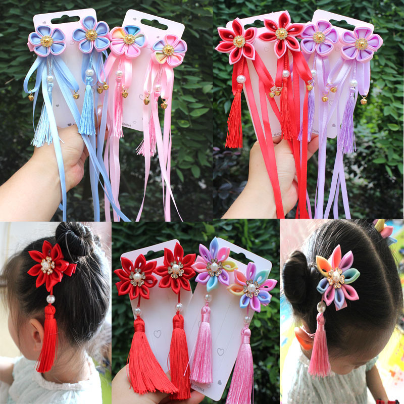 chinese hanfu hair accessory for girls Children's headdress, Princess tassel ribbon, super fairy girl, ancient hair ornament, a pair of hair clips