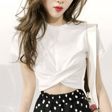 夏季韩版纯色打底衫漏肚脐短袖上衣女体恤修身女短款T恤一件代发