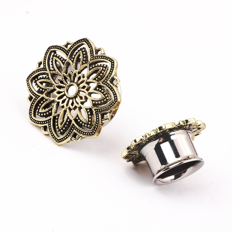 Cross-border Hot Sale Ear Expansion Stainless Steel Horn Bronze Flower Hollow Flower Auricle Expander Piercing Earrings detail image 9