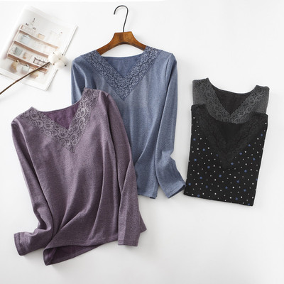 外贸日单 女FTY秋衣蕾丝领边发热纤维保暖内衣家居上衣保暖打底衣