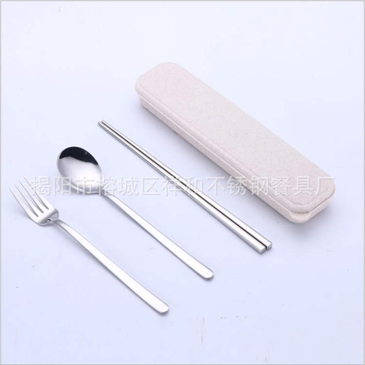 Korean 304 Stainless steel Portable tableware Three-piece Suite company gift suit chopsticks Spoon Fork customized logo