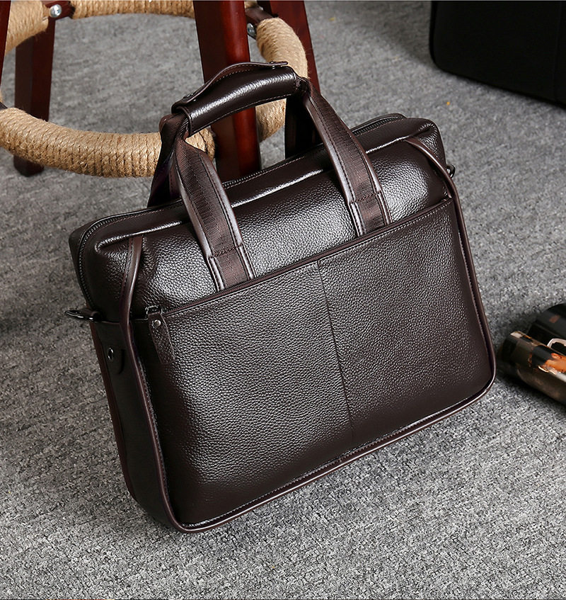 Túi đeo chéo nam da bò thật vân vải thiều, túi đeo vai ngang kiêm túi xách công sở 37×27×9 cm — Màu cà phê, Màu đen chi tiết 3
