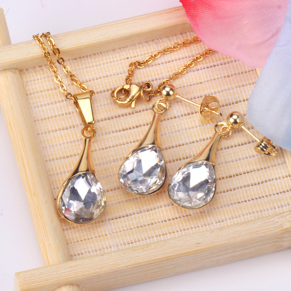 Fashion Water Droplets Stainless Steel Plating Zircon Earrings Necklace 1 Set
