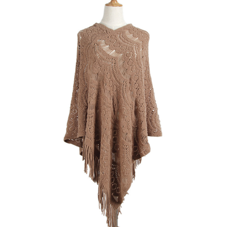 Mid-length crochet patterned hollowed-out irregular fringe pullover sweater women's cape cape sweater_voghion.com