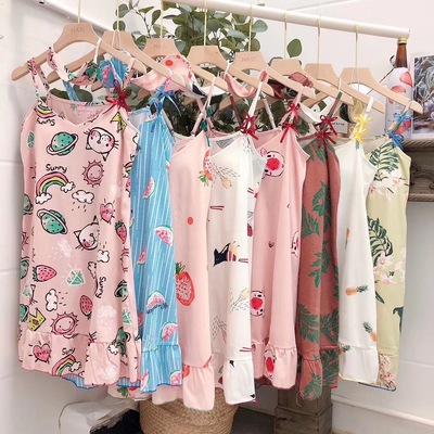 夏季V领吊带睡裙短裙 纯棉带胸垫眼罩661粉色草莓微商爆有量有|ru