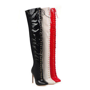 Women young girls patent leather jazz hot pole dance shoes nightclub bar singers stage performance boots fine with pointed bind knee-high boots pole dancing boots