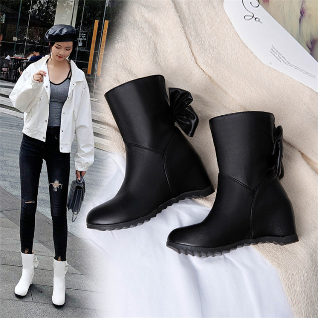 Autumn and winter new women’s short boots flat sole round head inside heightening small fresh bowknot versatile college 