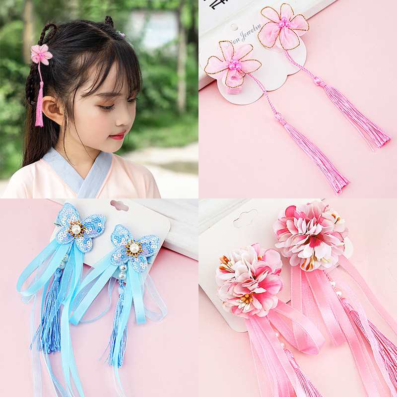 chinese hanfu hair accessory for girls Children Chinese hanfu headdress flower bud hairpin girl ancient tassel walking ribbon hairpin Baby Super fairy clip clip