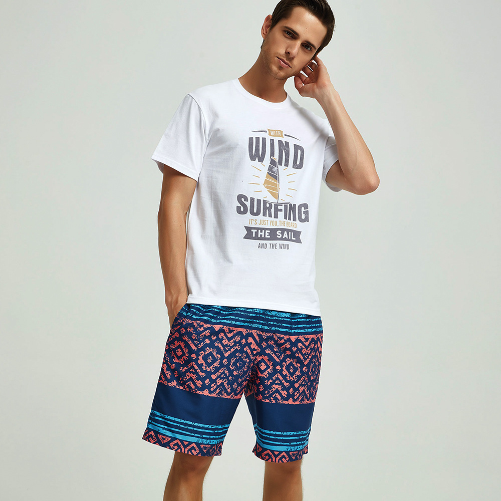 hotmango沙滩裤男五分款大码泳裤游泳运动休闲情侣波西米亚蓝短裤