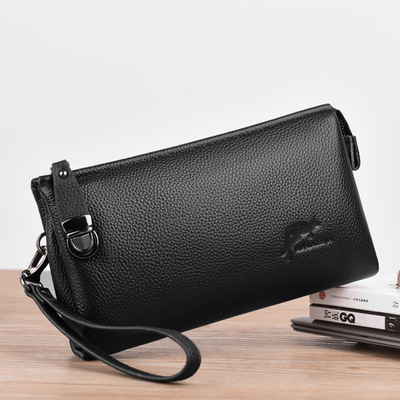 加工定制袋鼠長款錢包多功能拉鏈男士手拿包頭層牛皮手包壹件代發