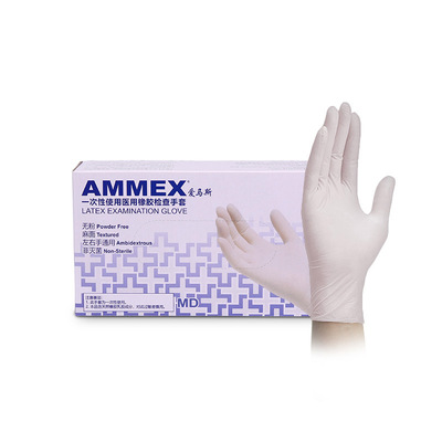 爱马斯AMMEX一次性乳胶手套 检查专用 无粉橡胶(耐用型) 进口|ms