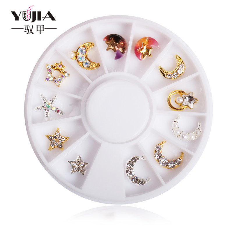 Fábrica directa uñas arte aleación joyería 12 rejilla disco Luna estrella uñas arte rhinestone perla rhinestone uñas arte