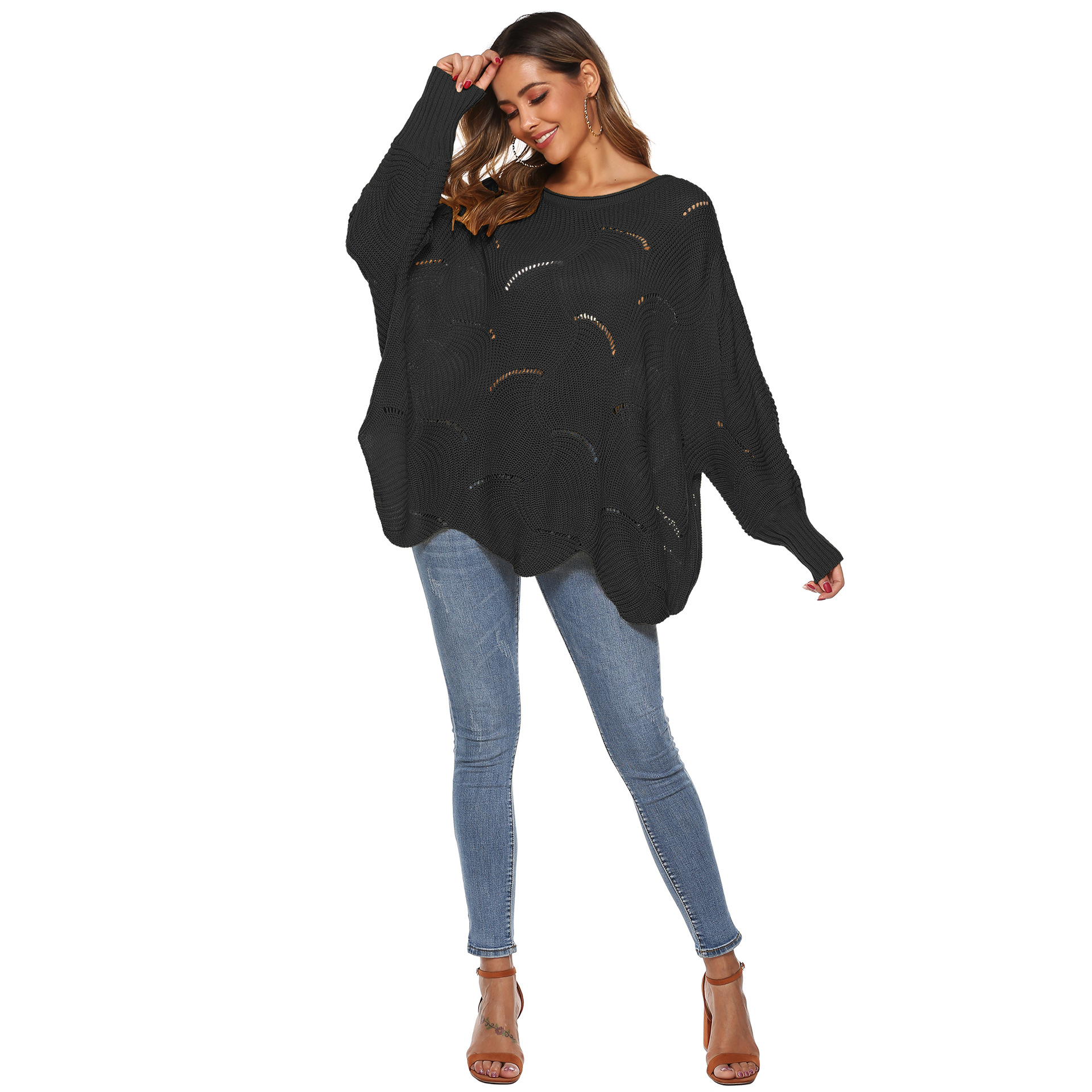 irregular loose bat sleeve hollow woven pullover  NSOY45949