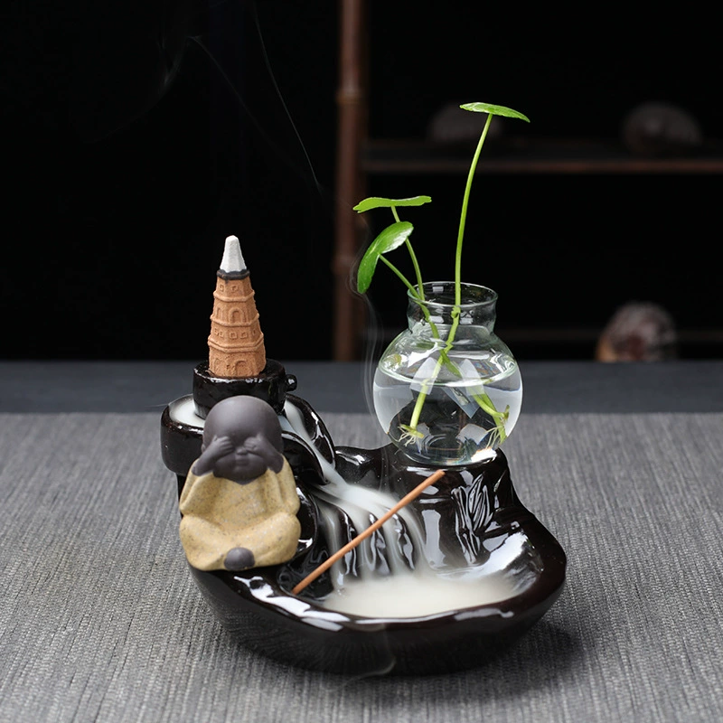  ceramic backflow incense burner (zisha) with xiao monk, flowing water design, home & office