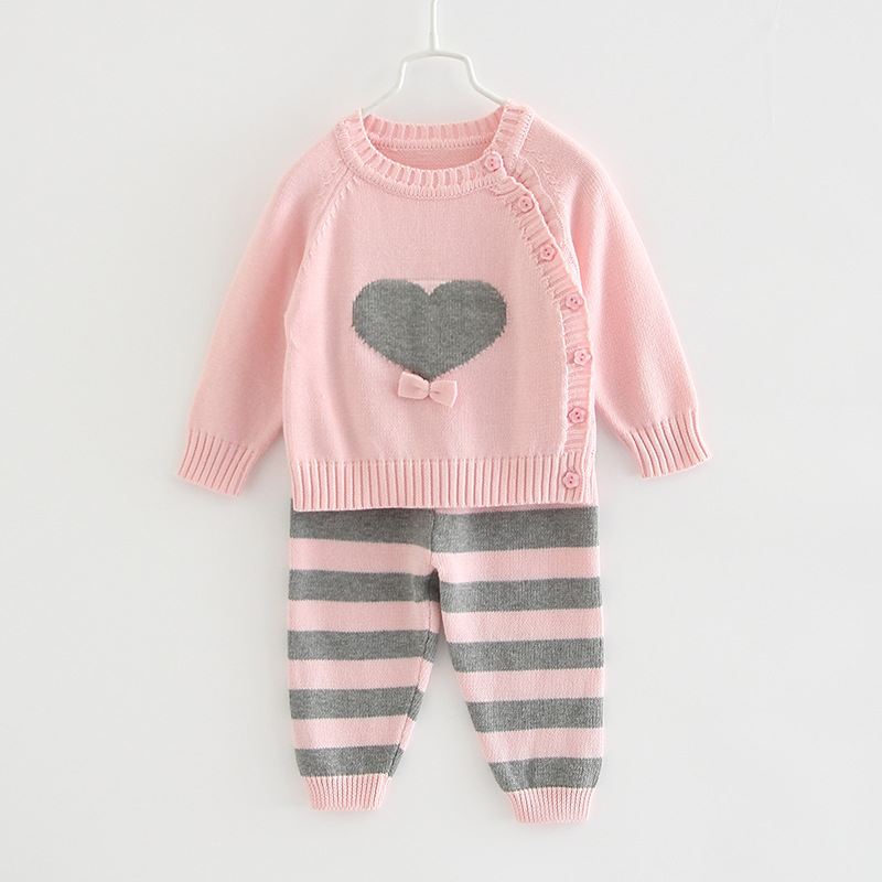 Primavera y otoño bebé suéter ropa infantil de algodón cuello redondo bebé de punto camisa de punto a rayas pantalones de punto traje de dos piezas