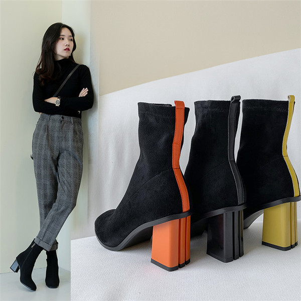 New women’s shoes in autumn middle tube boots high heel side zipper leather velvet elastic Martin boots