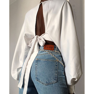 Solid color bubble sleeve sexy open back bow tie open navel casual T-shirt