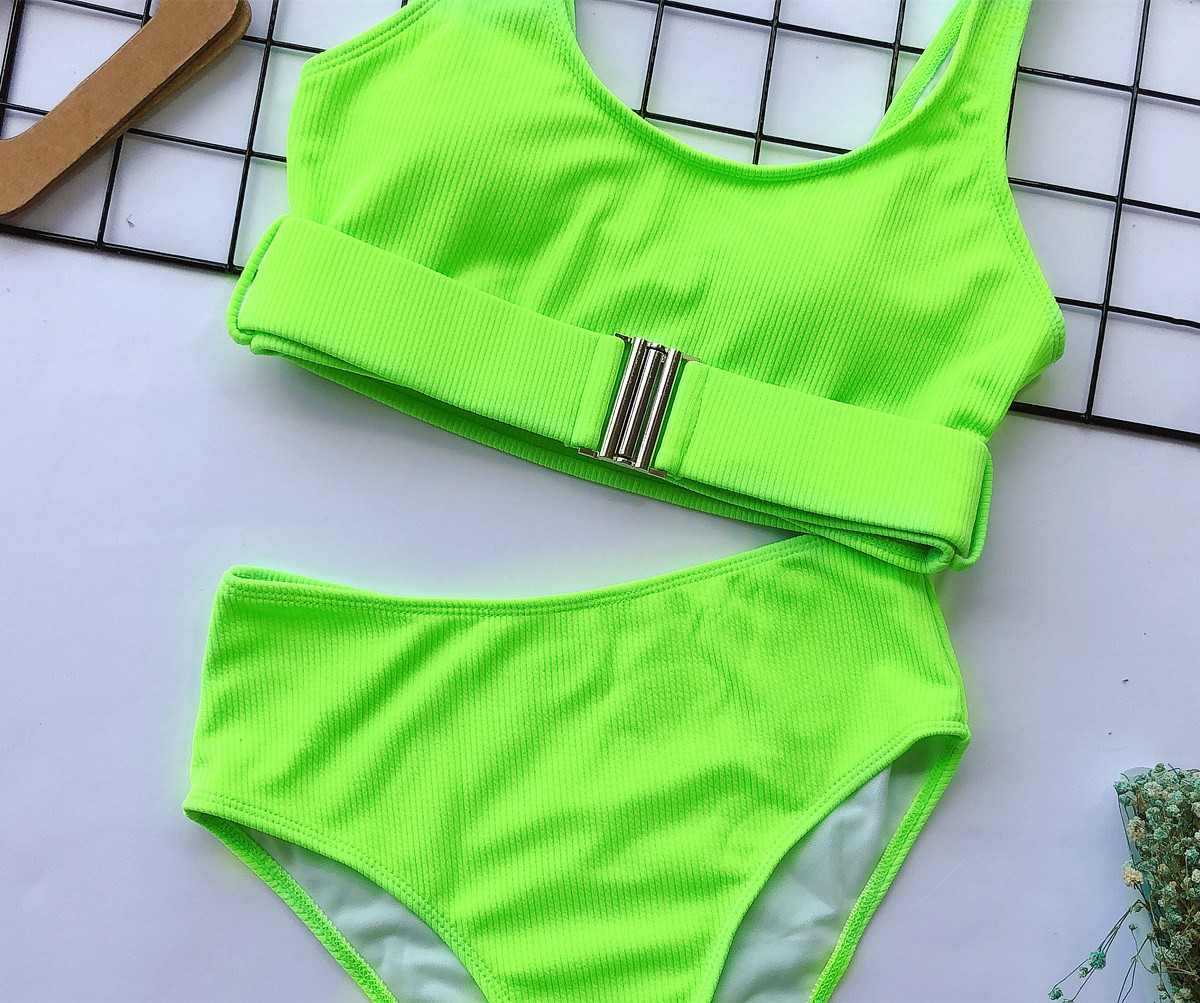 hot sale high waist solid color pit strip swimsuit split buckle bikini wholesale NSDA165