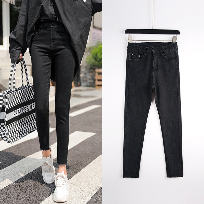 紧身牛仔裤女裤秋季2024年新款高腰修身显瘦破洞九分小脚铅笔裤