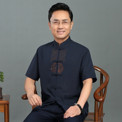 中国风亚麻唐装短袖套装中老年男式刺绣棉麻居士夏季民族服装