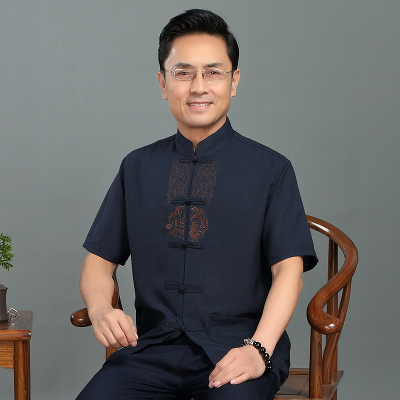 中国风亚麻唐装短袖套装中老年男式刺绣棉麻居士夏季民族服装