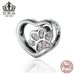 亞馬遜貨源S925純銀心形寵物爪印鑲粉鑽DIY手鍊串珠銀飾品配件