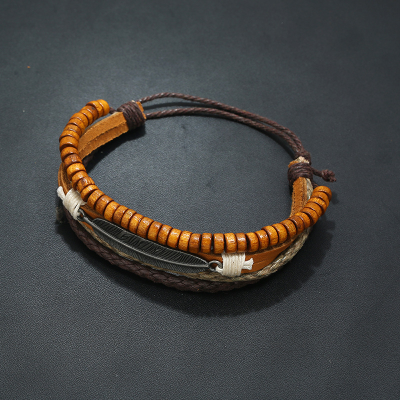 Vintage Multilayer Alloy Feather Cowhide New Wood Bead Bracelet