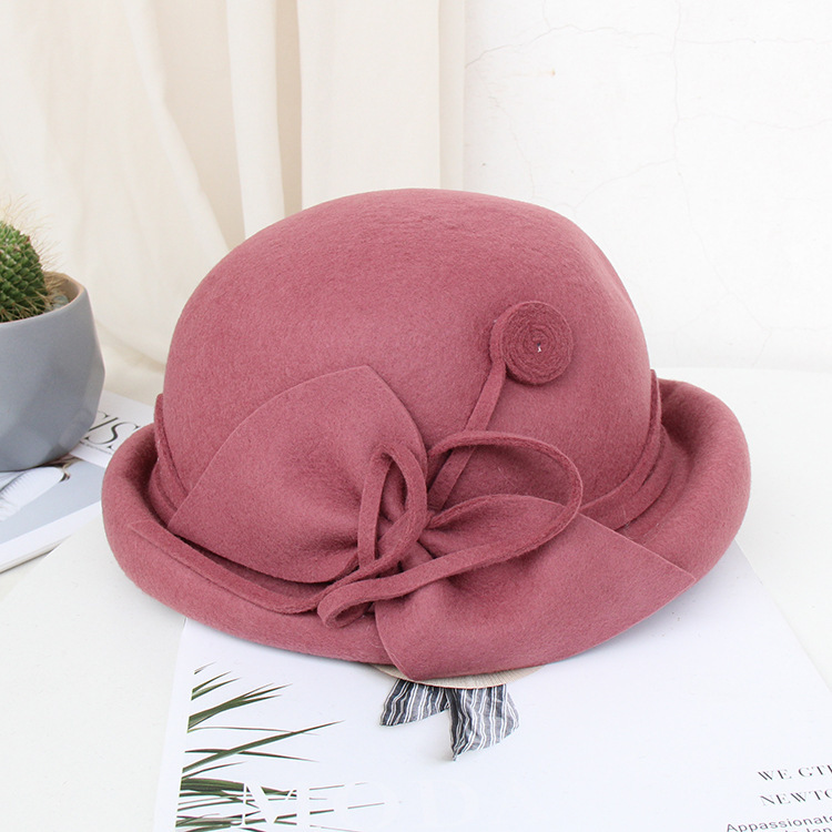 Ladies Winter Wool Vintage Hat With Flower - Solid Felt Bucket Cap For Casual & Party