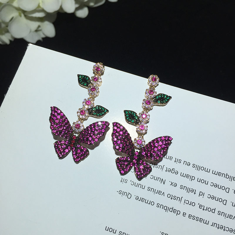 Butterfly Earrings Micro Zircon Leaves Flowers Long Tassel Earrings display picture 3